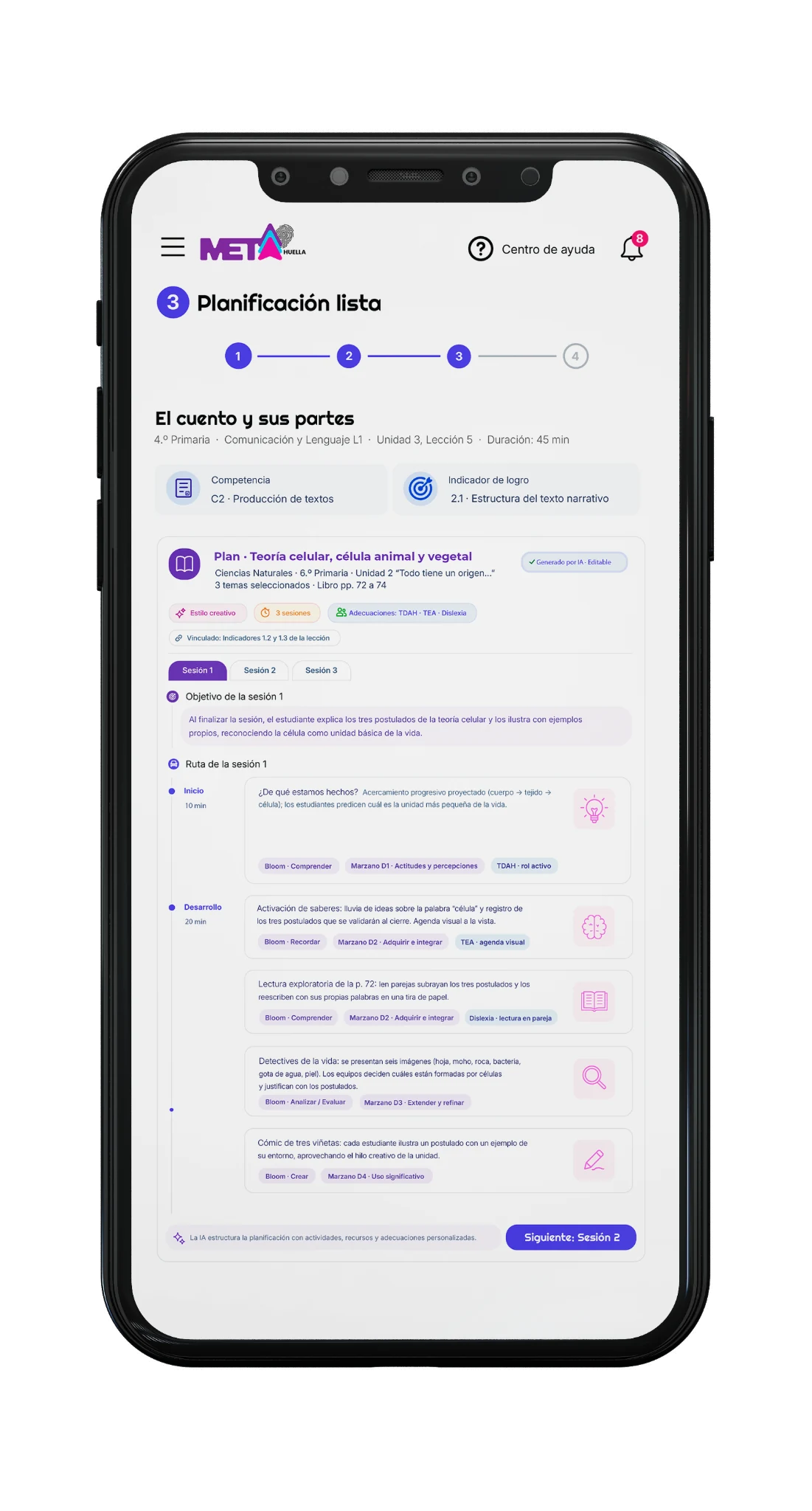 Planificación inteligente de META Huella mostrada en un celular